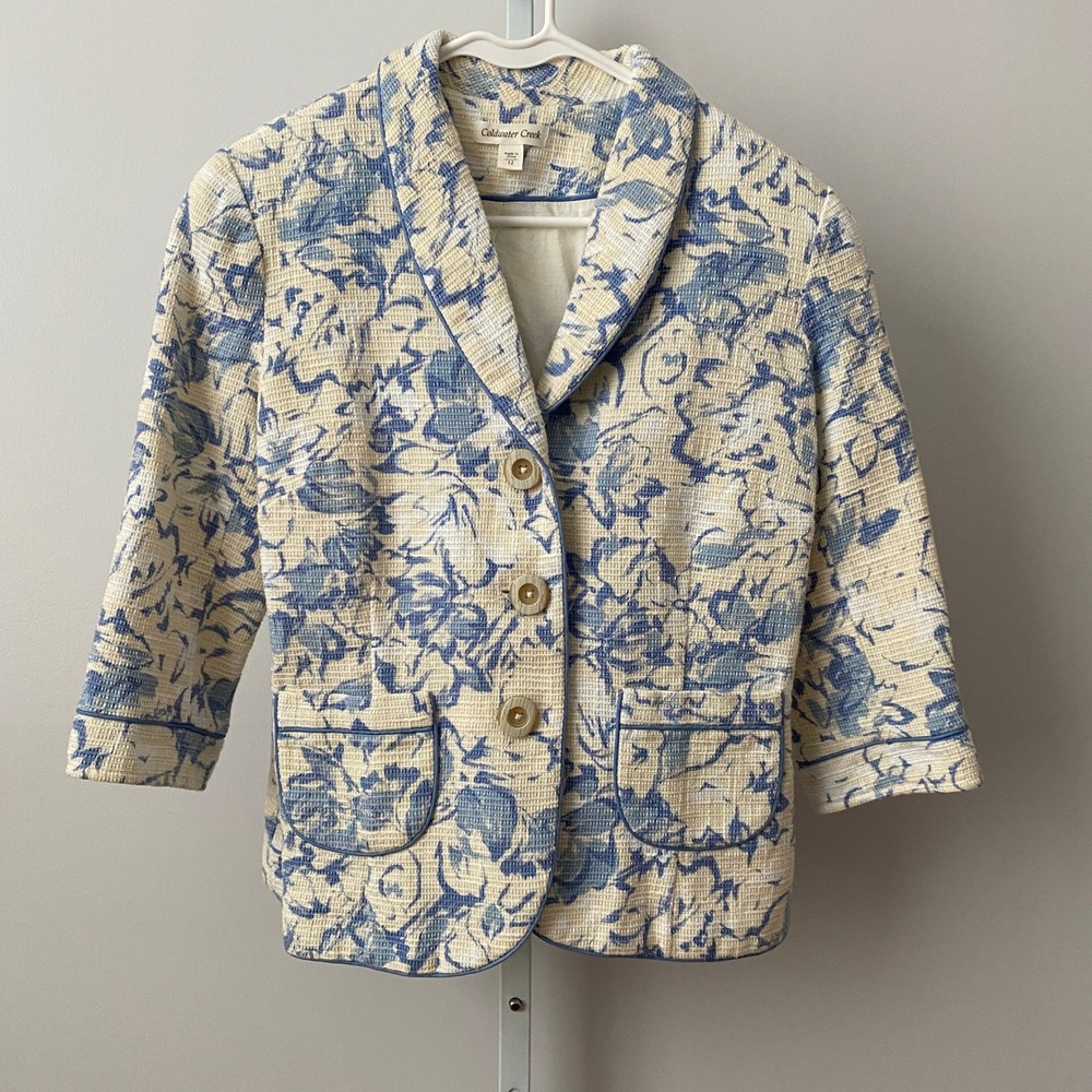 Coldwater Creek‎ Cotton Coastal Shabby Floral Textured Blazer 12 Blue Cream